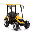 A yellow and black ride-on toy tractor with a black seat, steering wheel, and large black tires with white rims, shown on a clean white background.