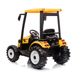 A yellow and black ride-on toy tractor with large black tires, white-rimmed wheels, and a yellow roof canopy, shown on a clean white background.