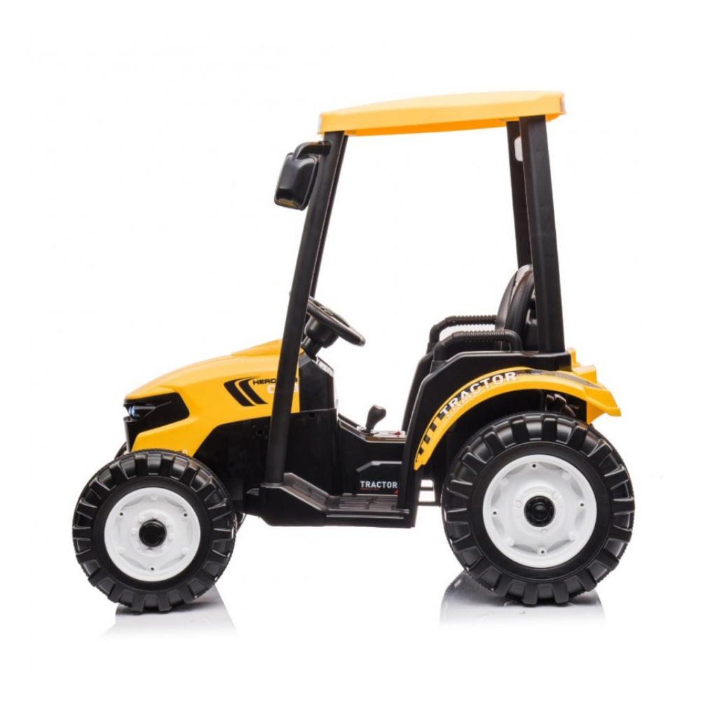 A yellow and black toy tractor with a canopy roof, large black tires, and white-rimmed wheels, shown in profile against a plain white background.