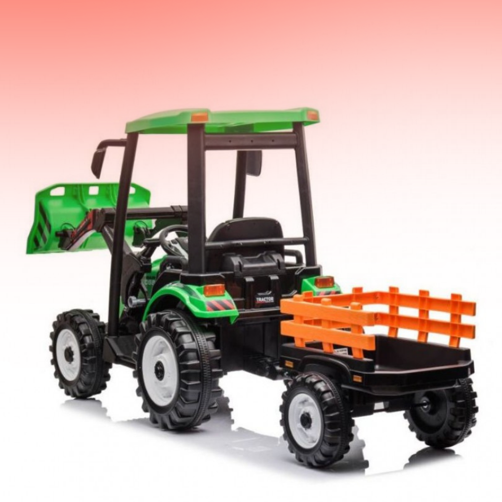 Toy tractor with a green cabin and orange trailer on a white background