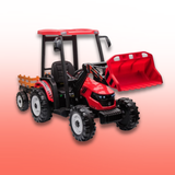 Red toy tractor with a front loader on a gradient background