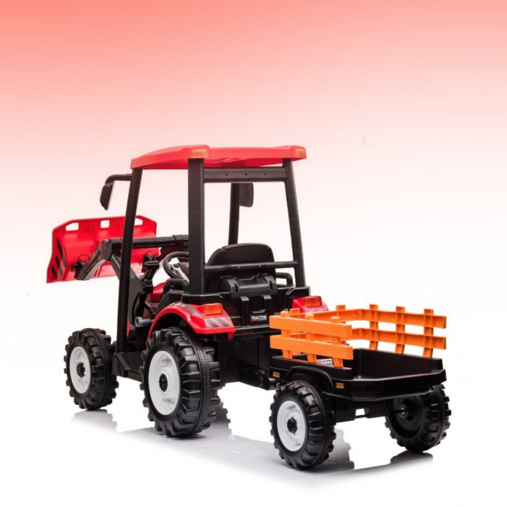 Toy tractor with red cabin and orange trailer on a gradient background
