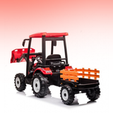 Toy tractor with red cabin and orange trailer on a gradient background