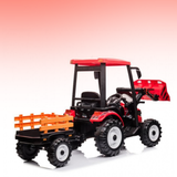 Toy tractor with a red cabin and orange trailer on a gradient background