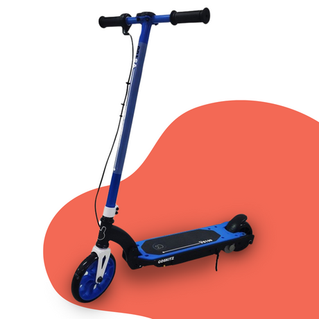 Folded View: The scooter is folded down to demonstrate its portability and compact storage capabilities, set on a red background.