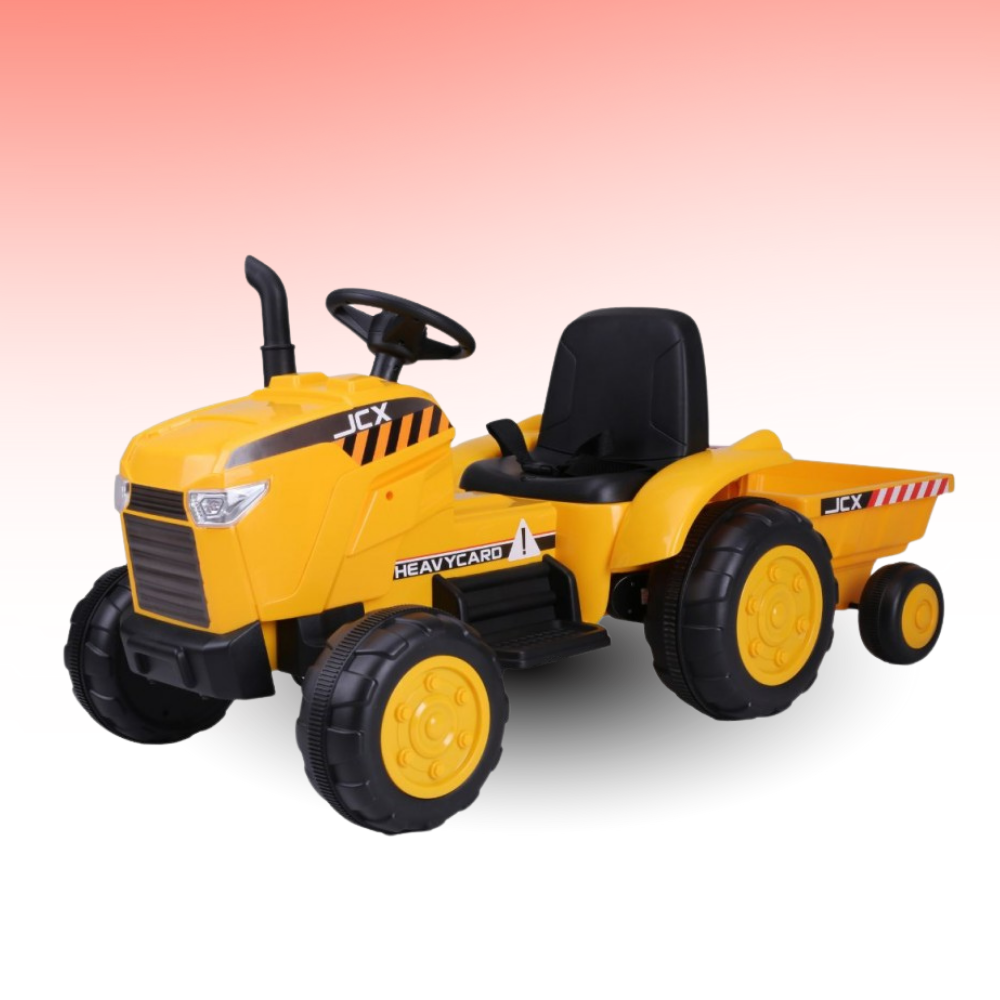 Yellow toy tractor with black seat on a gradient background