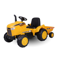 Yellow toy tractor with black seat on a white background