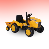 Yellow toy tractor with black wheels on a gradient background