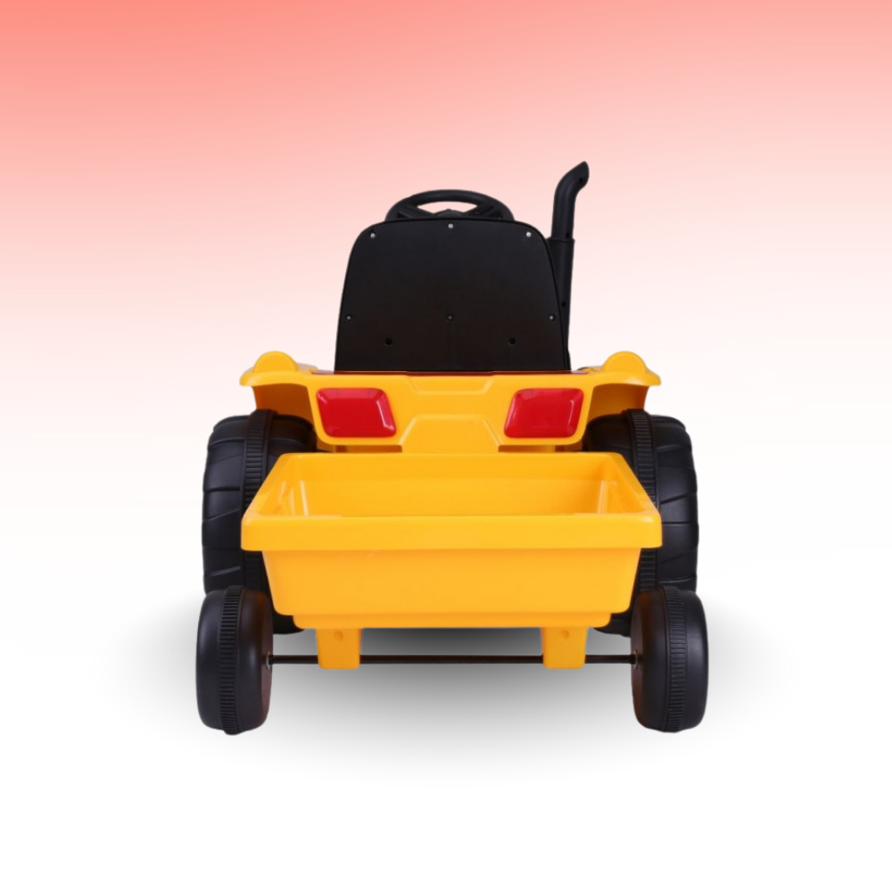 Yellow toy dump truck with black seat on a gradient background