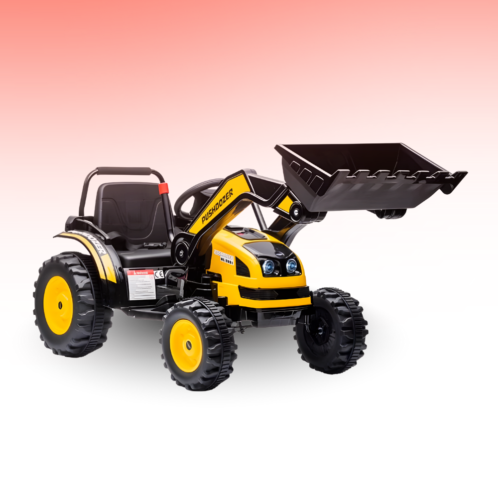 Toy tractor with front loader on a gradient background