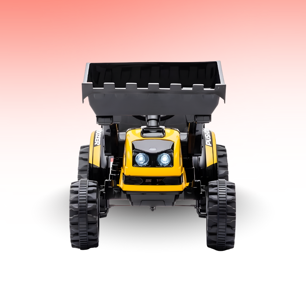 Toy dump truck with black bed and yellow body on a white background