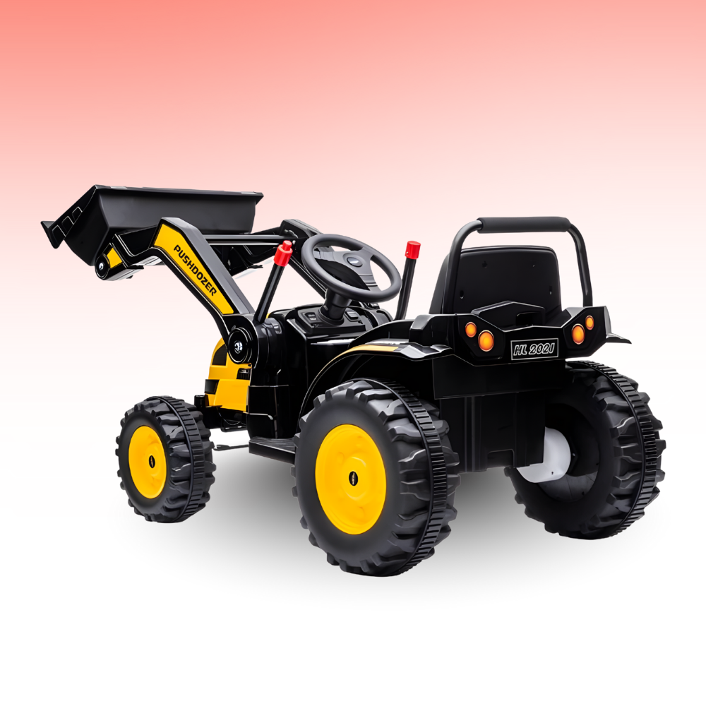 Toy construction vehicle with black and yellow colors on a gradient background