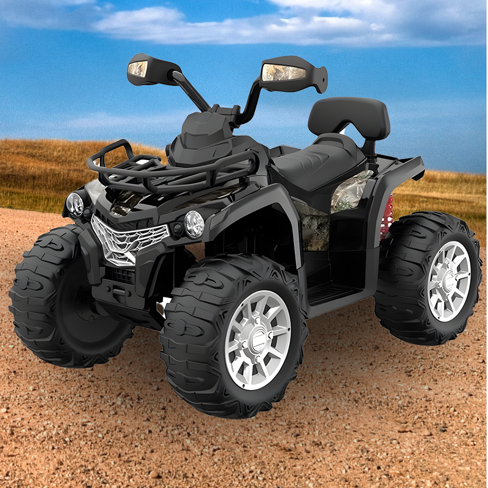 outdoor scene with the Go Skitz Rover 12v Electric Kids Quad Bike - Black