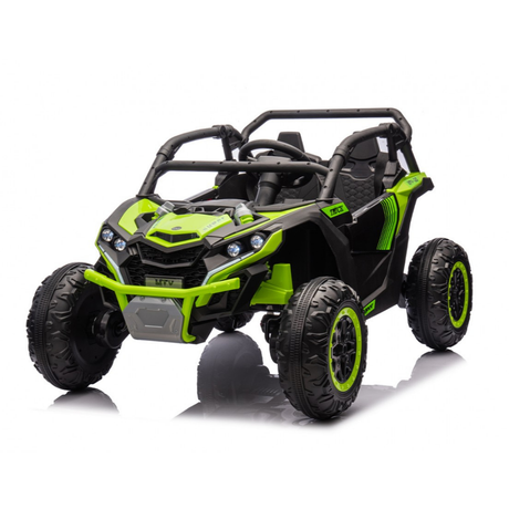 Toy off-road vehicle with green accents on a white background