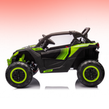 Toy off-road vehicle with green accents on a gradient background