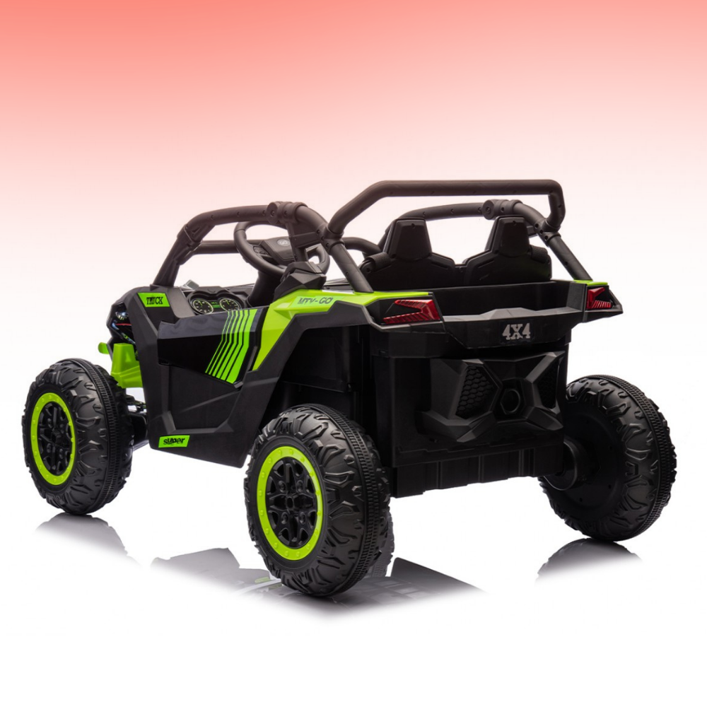 Toy off-road vehicle with green accents on a gradient background