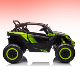 Toy off-road vehicle with green accents on a gradient background