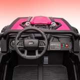 Close-up of a toy car's interior with pink top and steering wheel, featuring the Gogoro brand.