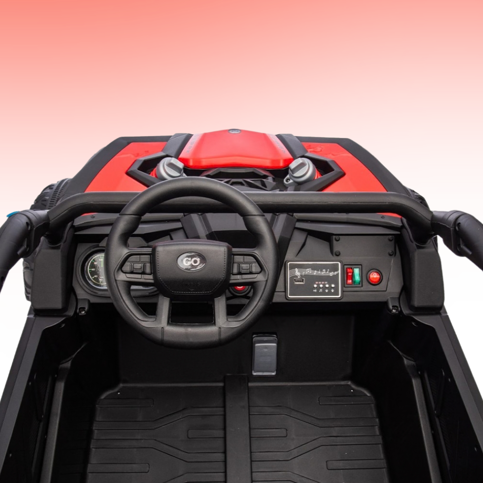 Close-up of a toy car's interior with steering wheel and dashboard on a gradient background