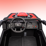 Close-up of a toy car's interior with steering wheel and dashboard on a gradient background
