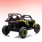Toy off-road vehicle with black and green design on a gradient background