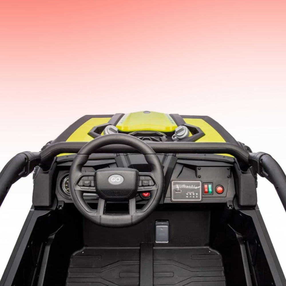 Close-up of a toy car's dashboard with steering wheel and controls on a gradient background