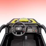 Close-up of a toy car's dashboard with steering wheel and controls on a gradient background