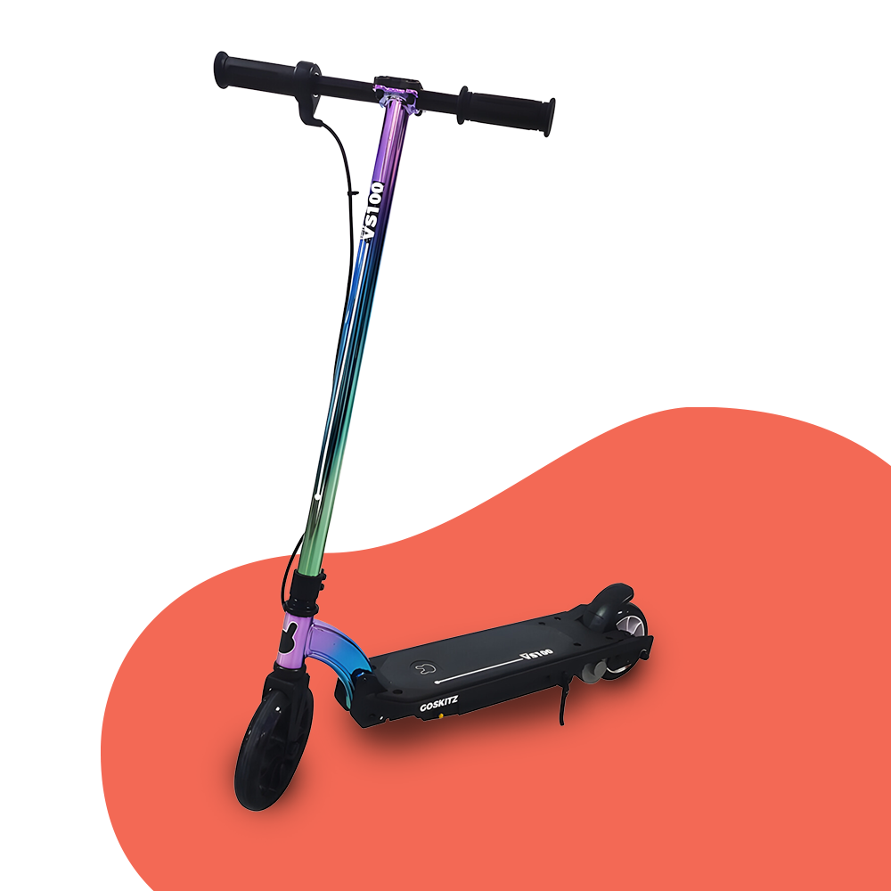 Main Product Image: A colorful electric scooter featuring a gradient handlebar stem with shades of purple, blue, and green, paired with a black deck and handlebars. Displayed on a red and white background, emphasizing its vibrant design.