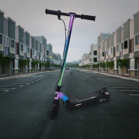 Side-Angle View: A side view of the scooter, highlighting its sleek design, ergonomic handlebars, and compact build on a red background.