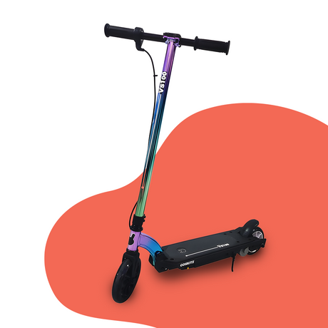 Main Product Image: A colorful electric scooter featuring a gradient handlebar stem with shades of purple, blue, and green, paired with a black deck and handlebars. Displayed on a red and white background, emphasizing its vibrant design.