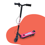 Main Product Image: A stylish pink and black electric scooter with a sleek frame, black handlebars, and a compact design, displayed on a red and white background for a vibrant and modern look.