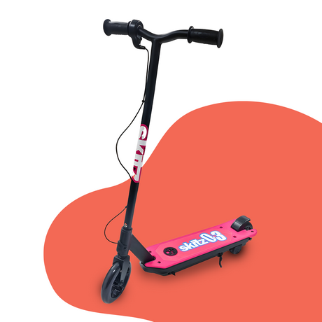 Main Product Image: A stylish pink and black electric scooter with a sleek frame, black handlebars, and a compact design, displayed on a red and white background for a vibrant and modern look.