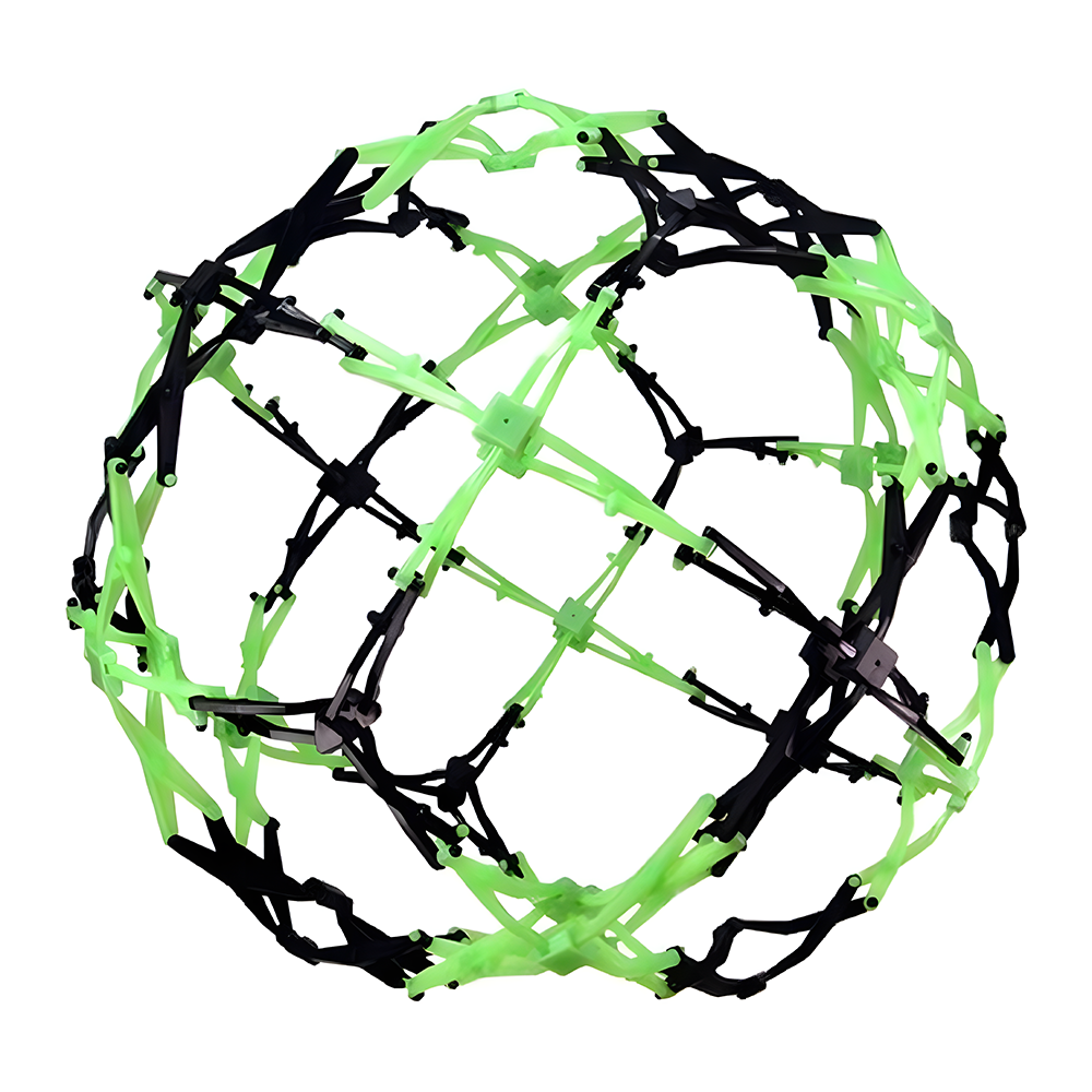 Green and black Hoberman Sphere in an expanded form, showcasing its unique geometric pattern on a white background