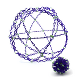 Purple Hoberman Sphere in its expanded form, with a smaller, contracted version beside it on a white background