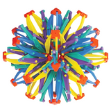 Colourful Hoberman Sphere featuring red, yellow, blue, and green sections in a fully contracted state