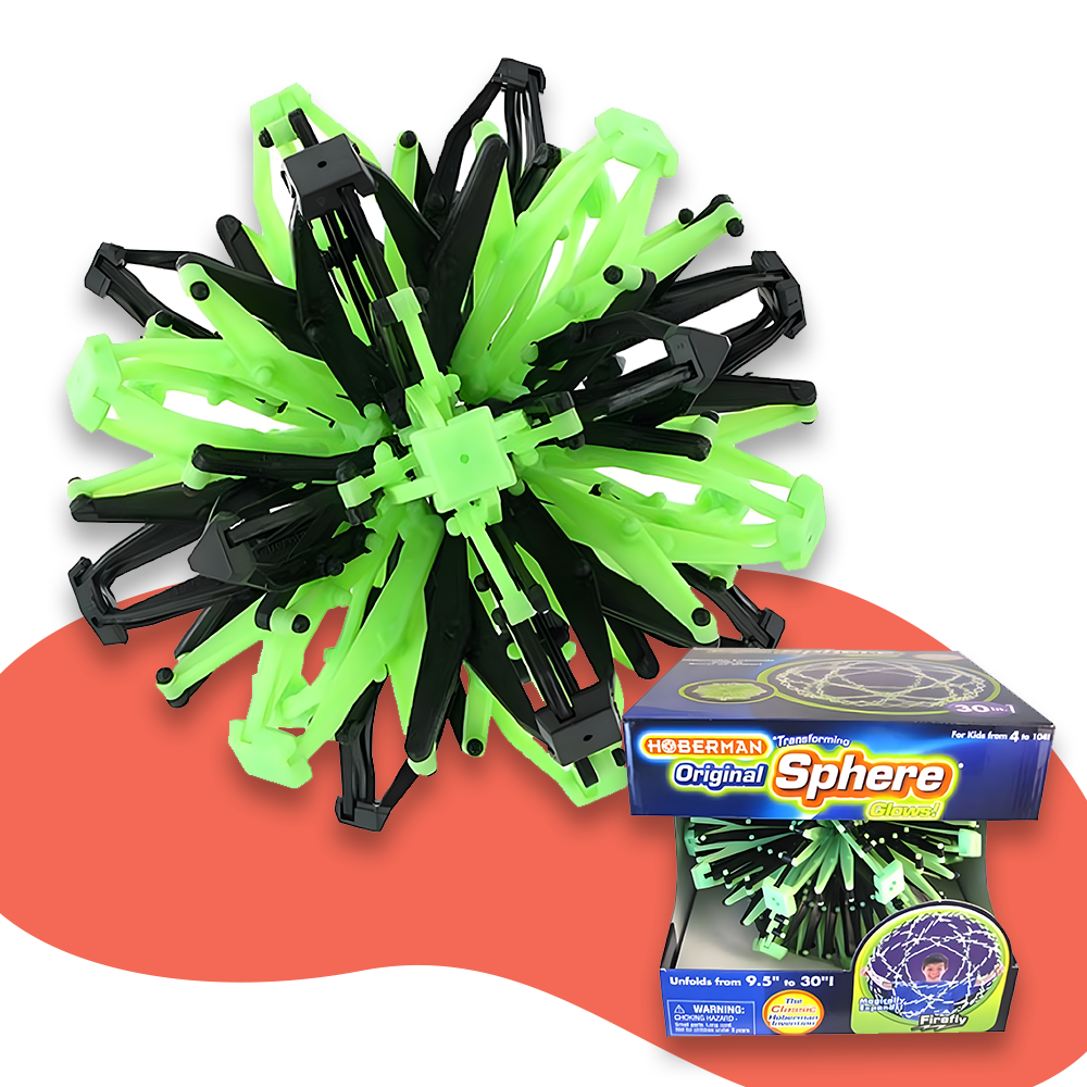 Green and black Hoberman Sphere in an expanded form, showcasing its unique geometric pattern on a white background