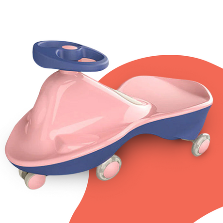 A pink and blue ride-on toy with a sleek design, featuring a dark blue steering wheel and wheels, placed on a red background for emphasis.