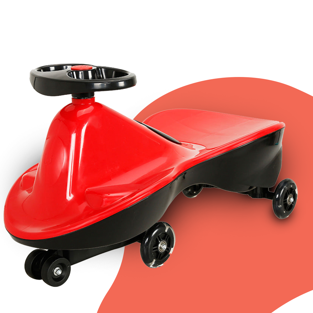 A red and black ride-on toy with a sleek design, featuring a dark-colored steering wheel and wheels, placed on a red background for emphasis.