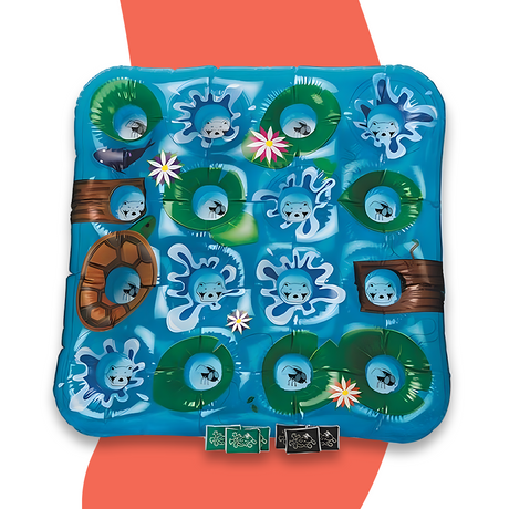 An inflatable beanbag toss game with a frog pond theme. The game features blue water graphics with frogs, green lily pads, flowers, and various holes for beanbag toss. The game board is placed against a white and red background