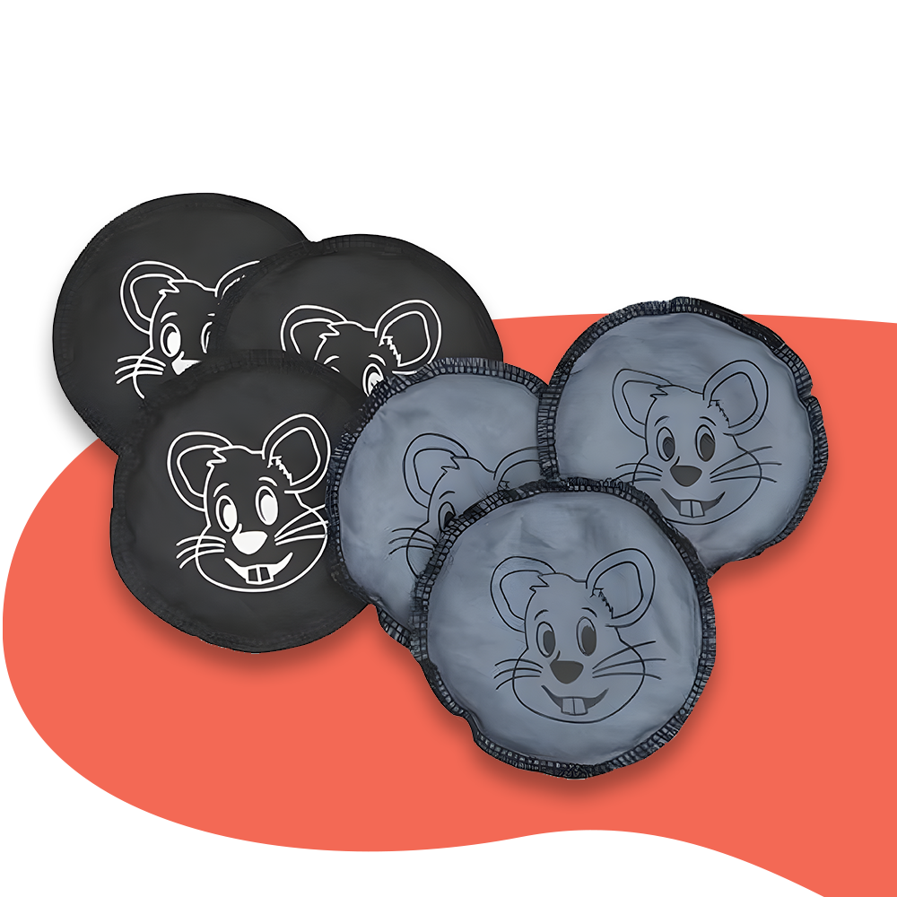 Set of six mouse-themed beanbags, with three in black and three in grey, designed for the Mouse and Cheese Toss game.