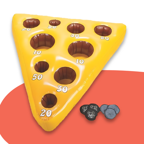 Yellow inflatable cheese mat for the Mouse and Cheese Toss game, featuring multiple holes with point values, alongside mouse-themed beanbags