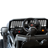 Close-up view of the black steering wheel and dashboard inside the Jeep-inspired remote-controlled ride-on electric car.