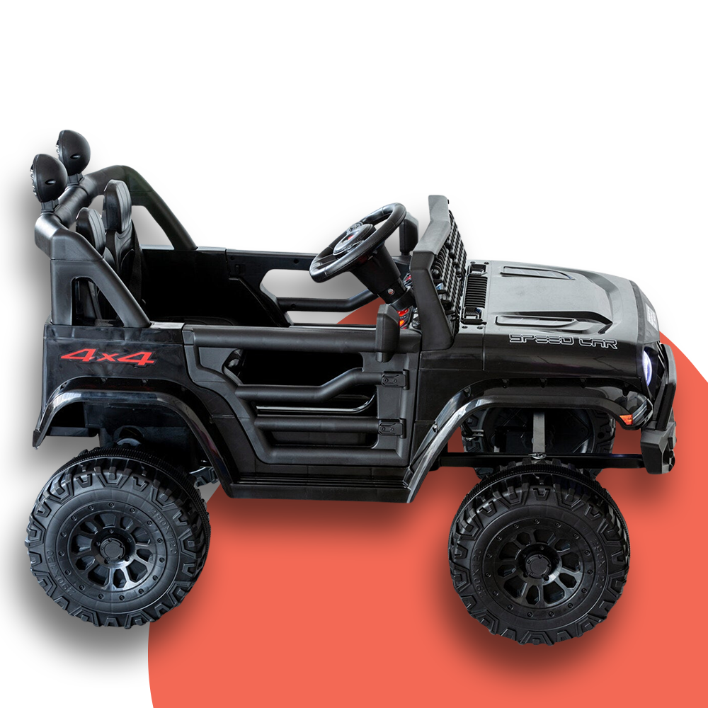 Side view of the black Jeep-inspired remote-controlled ride-on electric car, displayed on a white and red background