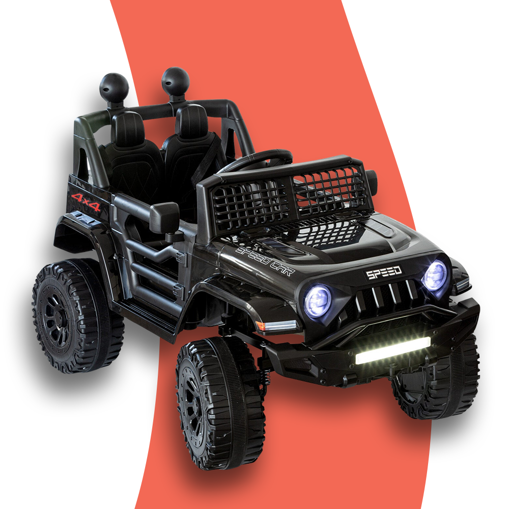 Front and side view of the black Jeep-inspired remote-controlled ride-on electric car, shown against a red and white background