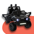 Front view of the black Jeep-inspired remote-controlled ride-on electric car with the doors open, displayed on a red background