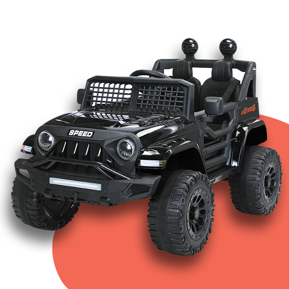 Front view of the black Jeep-inspired remote-controlled ride-on electric car with the doors open, displayed on a red background