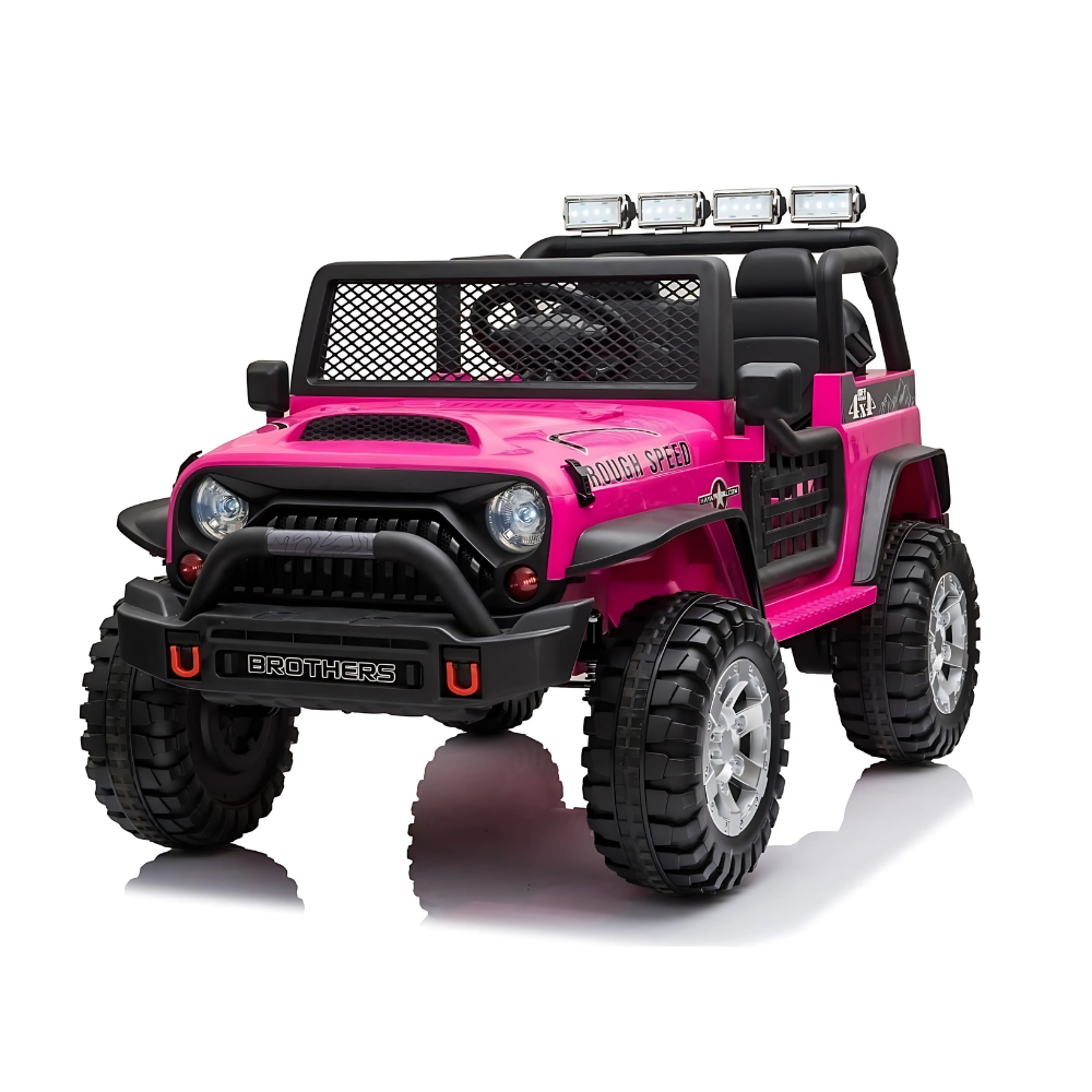 Pink toy truck with black details on a white background