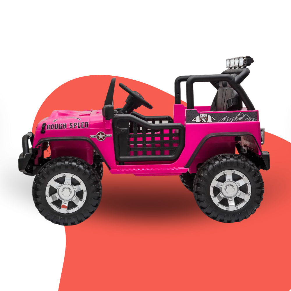 Pink toy jeep on a white background with a red circular design