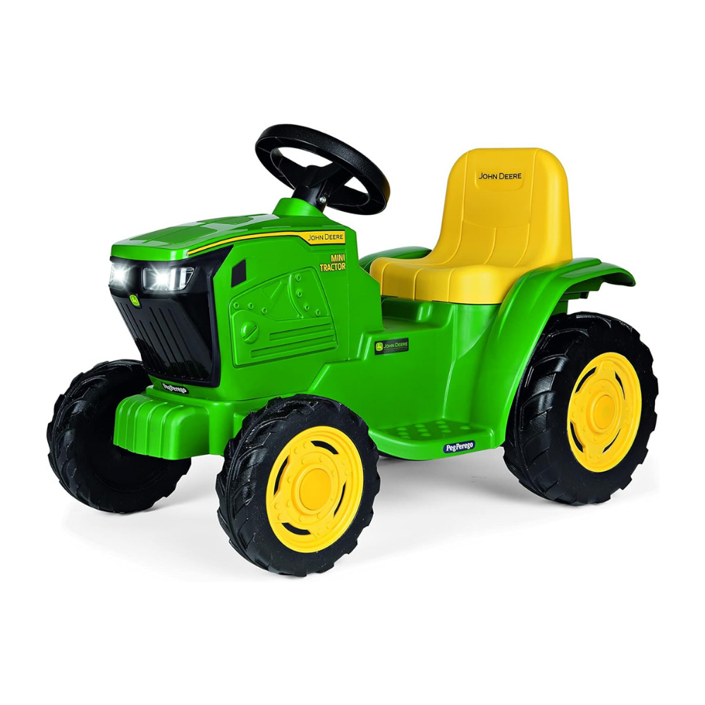 Green and yellow toy tractor on a white background