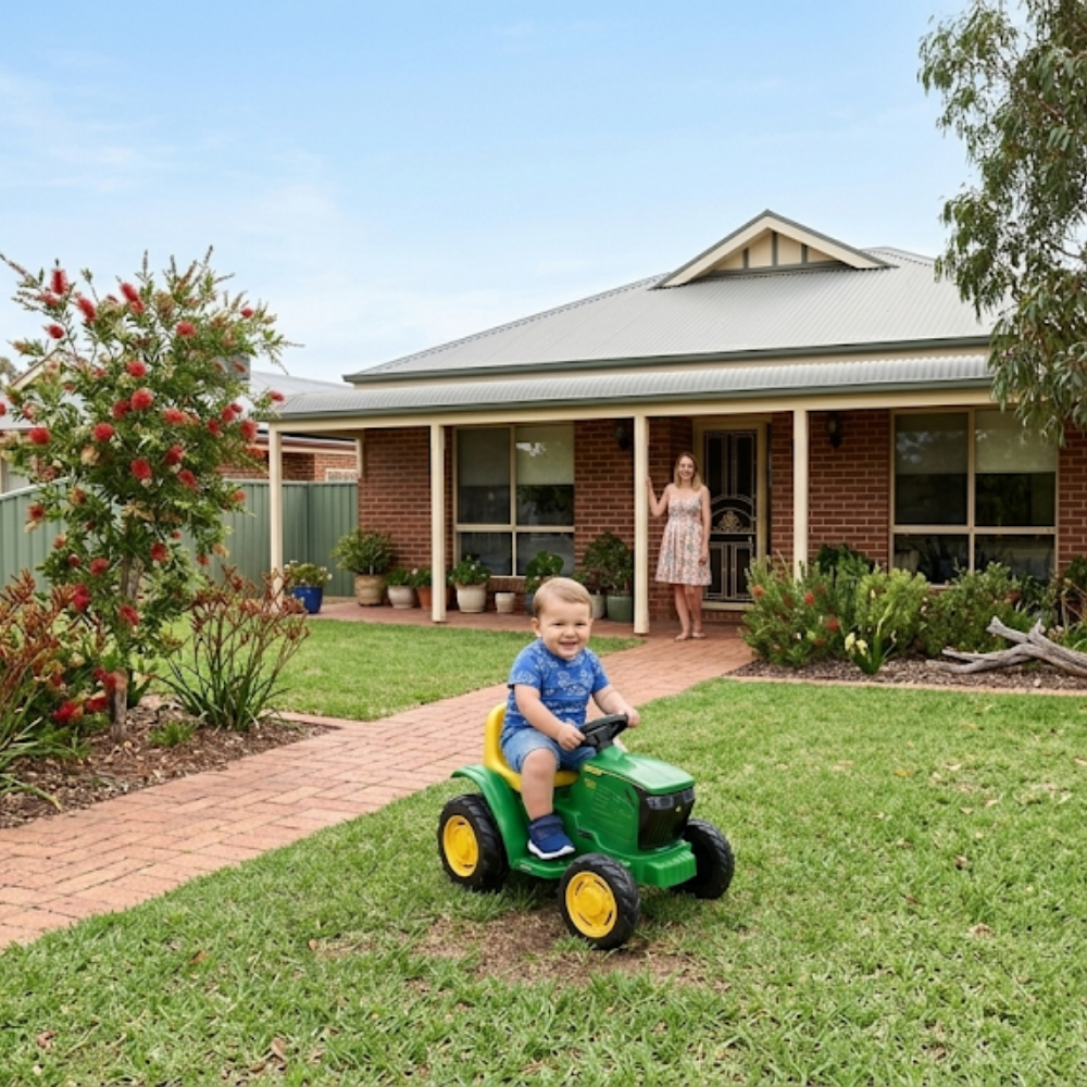 Child on a toy lawn mower in front of a house with a woman standing nearby.